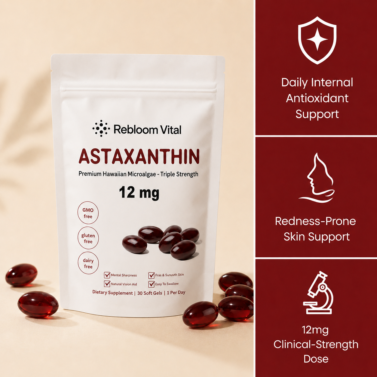 Astaxanthin Softgels (12mg) - Eliminates Psoriasis